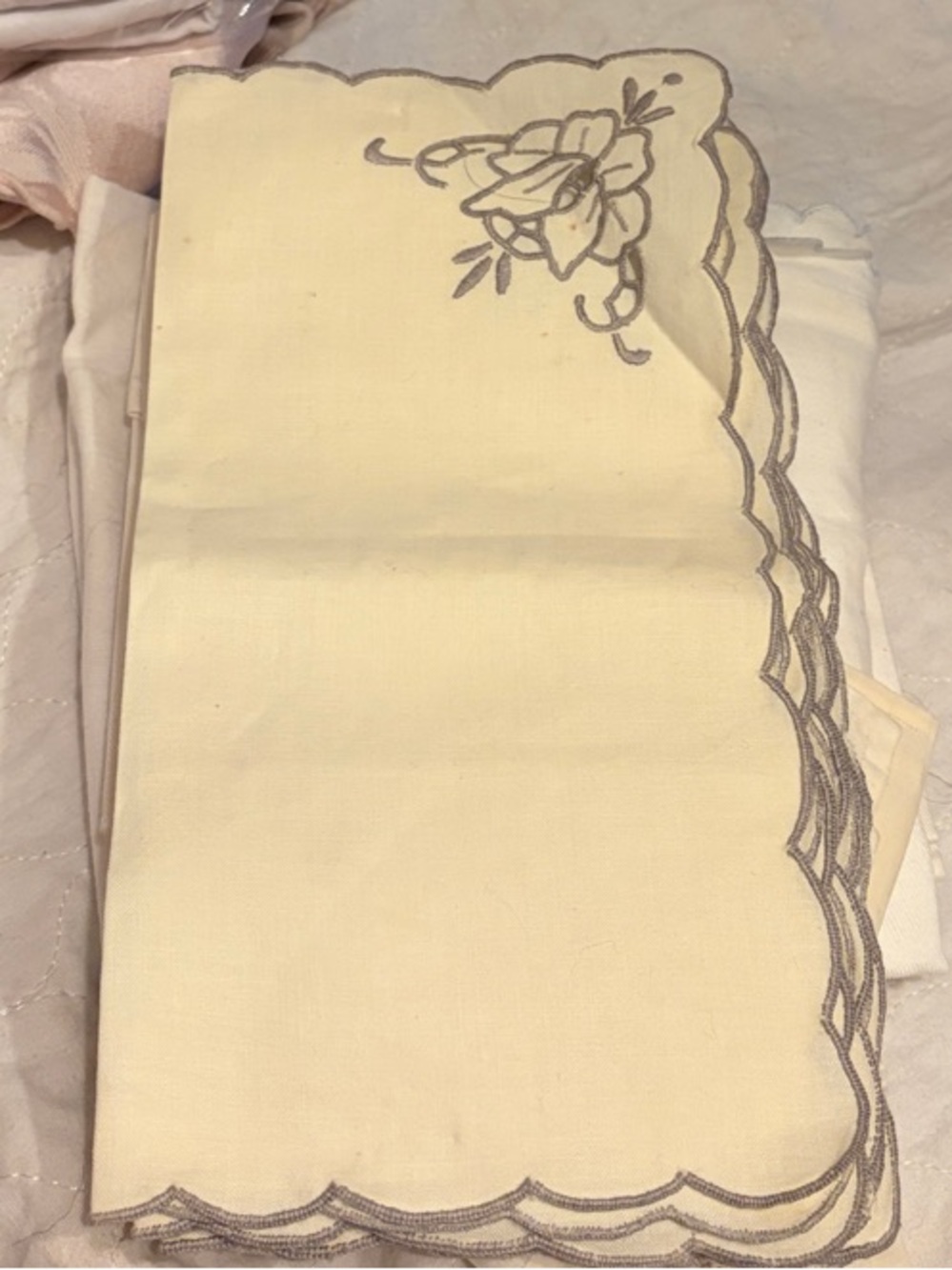 Embroidered Scalloped Edge Linen Napkins - Cream with Gray Stitching set of 7